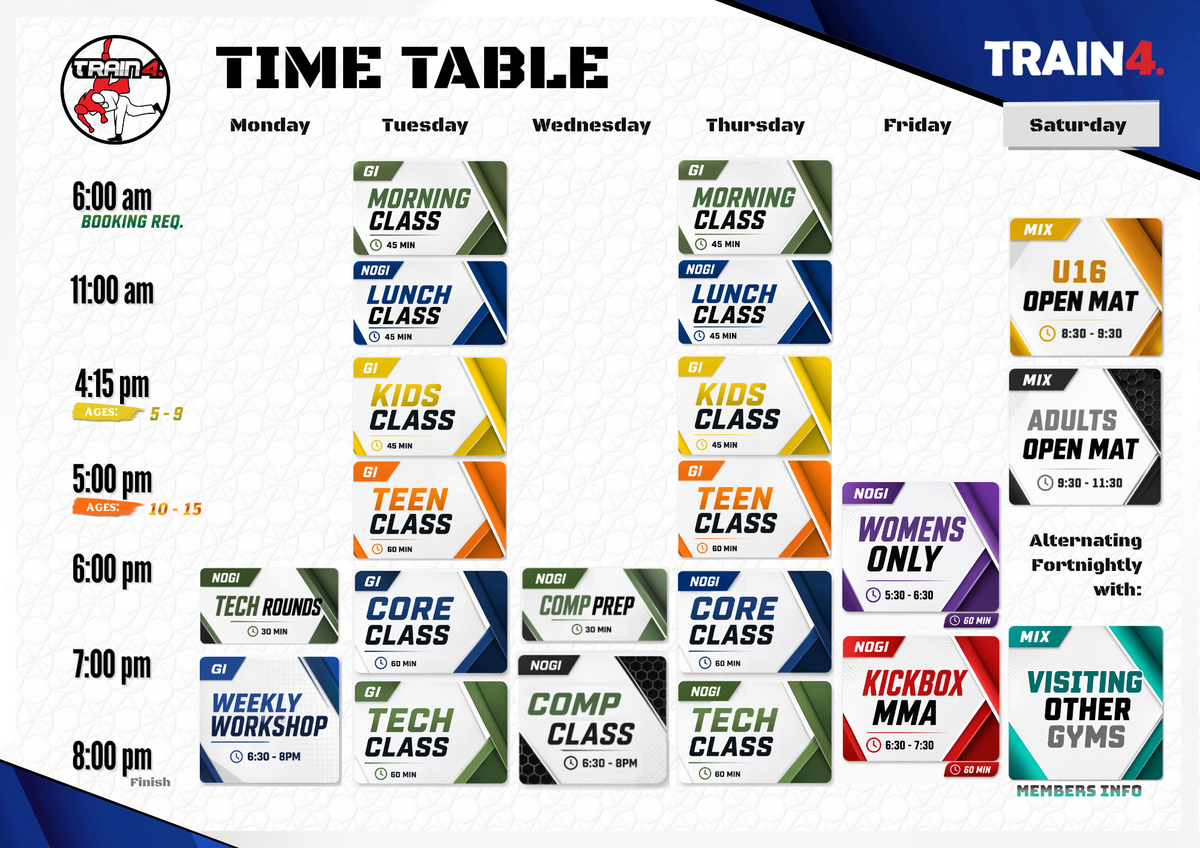 Saveable Train4 weekly timetable. Class times are also provided in the accessible schedule above.